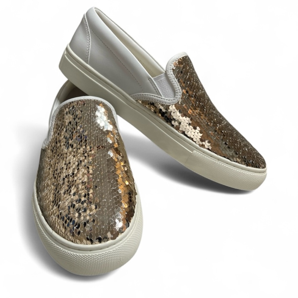 Tory Burch Carter Gold Sequin and Leather Slip On Sneaker Size 8.5